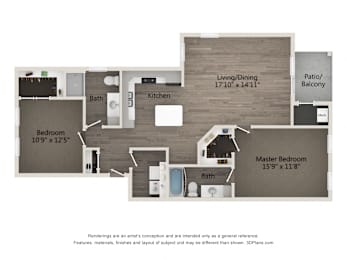2 beds, 2 baths, 1,061 sqft, $1,611