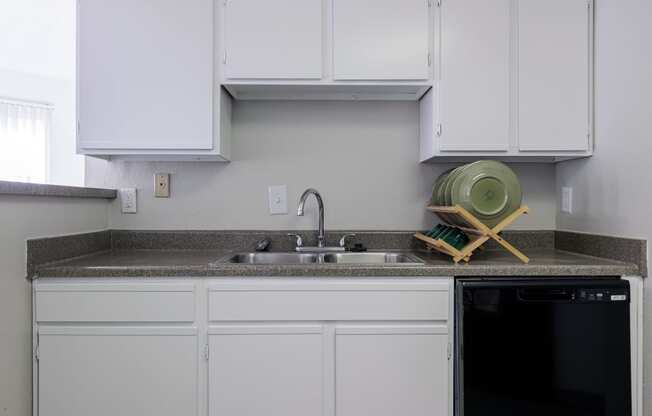 a kitchen with white cabinets and a sink