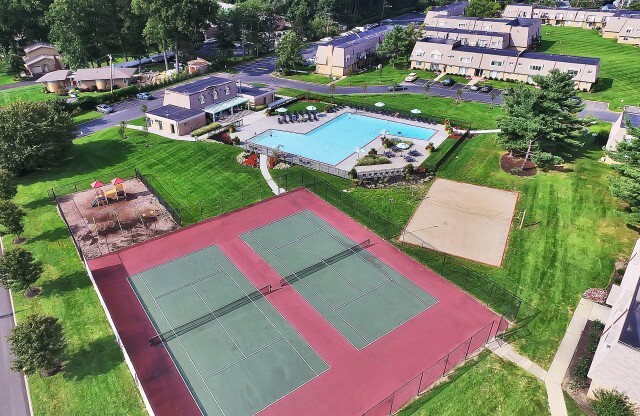 Aerial view of Franklin Commons swimming pool and tennis courts in Bensalem, PA