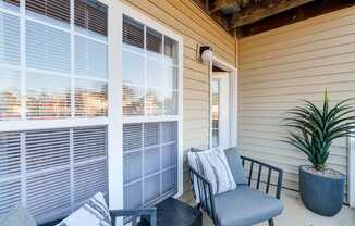 A chair with a cushion and a potted plant are on a porch.