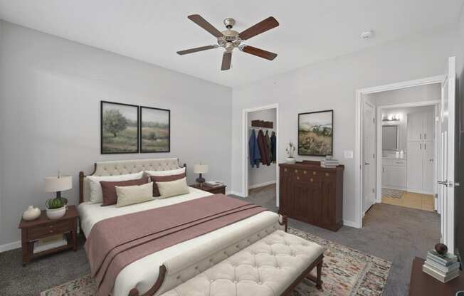 a bedroom with a bed and a ceiling fan