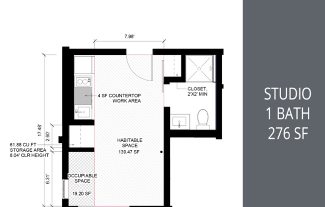 Studio, 1 bath, 270 sqft, $890, Unit 210 MFTE