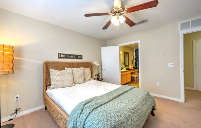 A bedroom with a bed, a ceiling fan, and a nightstand with a lamp.