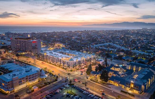 an aerial view of the city of Marina Del Rey at sunset