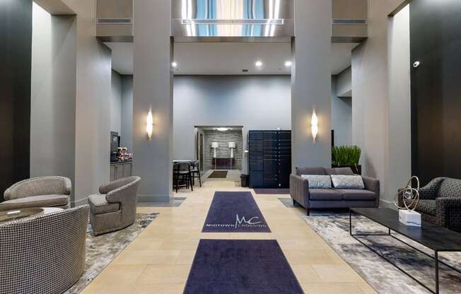 All about the details in the modern lobby at Midtown Crossing Apartments