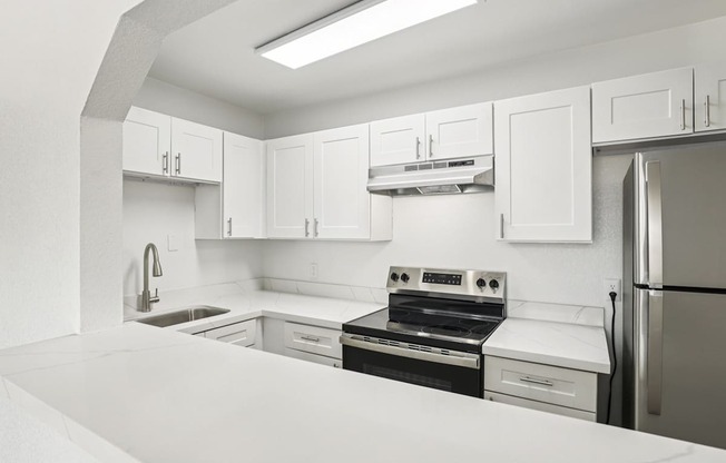 A modern kitchen with white cabinets and stainless steel appliances.