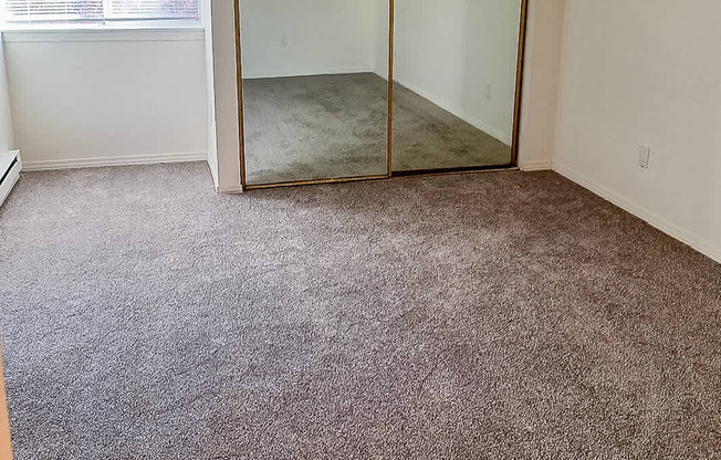 A room with a carpeted floor and a sliding glass door.