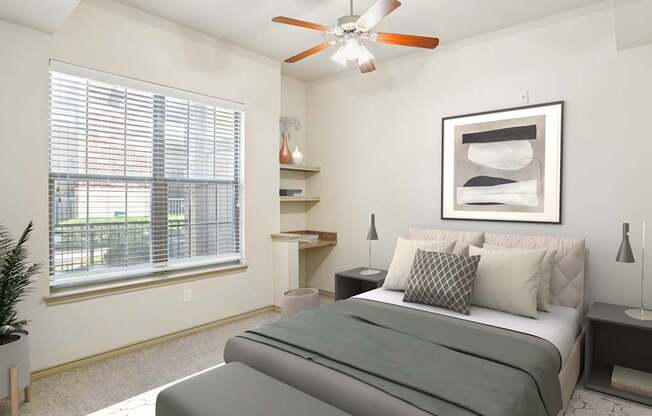 A bedroom with a bed, nightstand, and a ceiling fan.