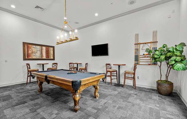 A pool table is in the middle of a room with a tv and a plant.