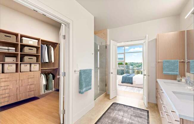 A bathroom with a view of the city.