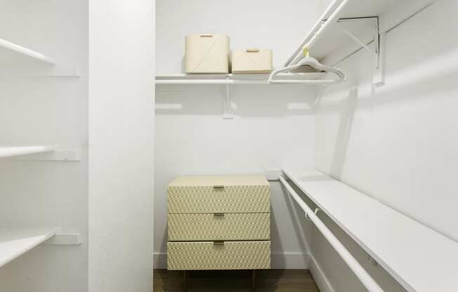 a walk in closet with two boxes and a shelf