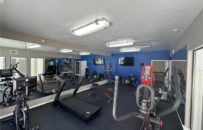 A gym with treadmills, exercise bikes, and other equipment.