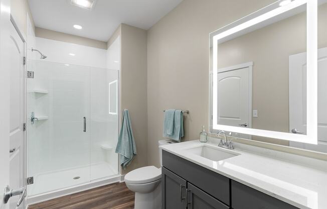 a bathroom with a large mirror and a shower with a glass door