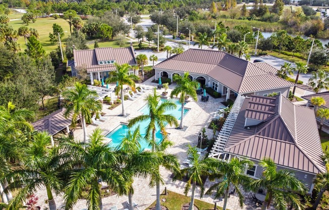 Aerial photo of the pool and courtyard