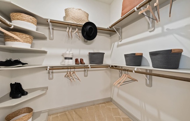 Walk-in closet with custom wood shelving