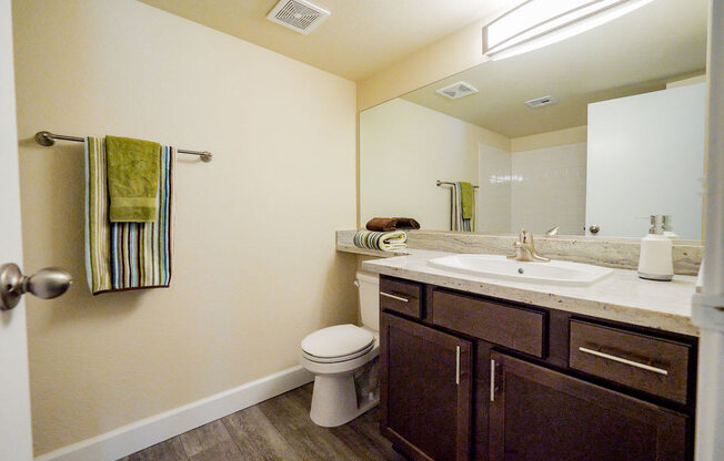 a bathroom with a sink toilet and mirror