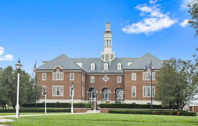 a large brick building with a clock tower on top of it