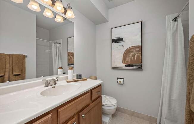 A bathroom with a white sink, toilet, and a painting on the wall.