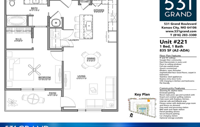 1 bed, 1 bath, 835 sqft, $1,884, Unit 221