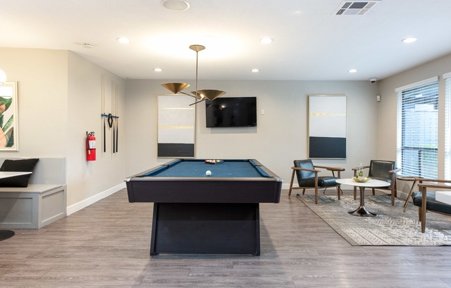 a game room with a pool table and a tv