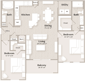 2 beds, 2 baths, 1,167 sqft, $1,733