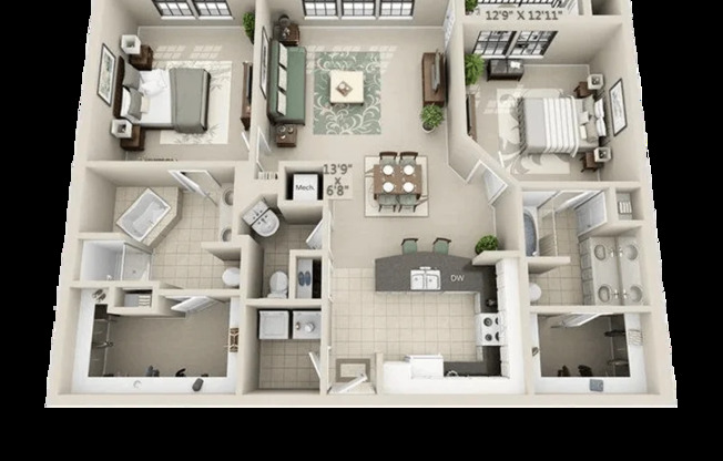 2 beds, 2 baths, 1,280 sqft, $1,799