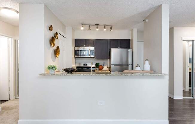 300 E seventeenth apartment kitchen with stainless steel appliances