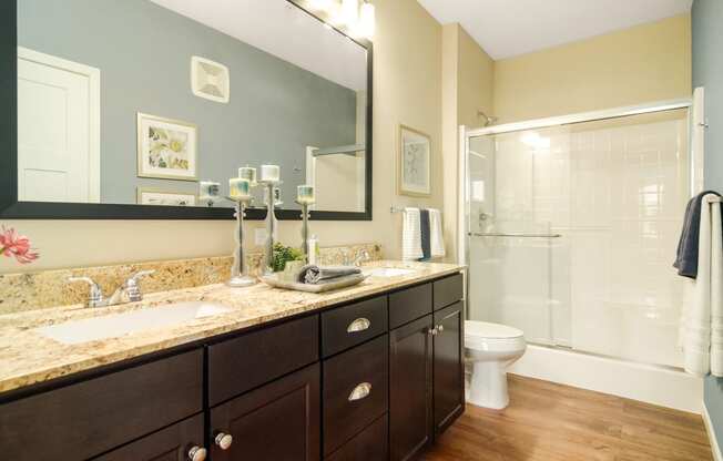 a bathroom with a large mirror and a toilet next to a shower