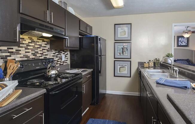 kitchen espresso cabinets at Harvard Place Apartments, Lithonia, GA, 30058