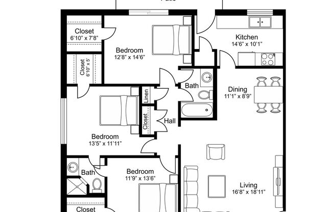 3 beds, 2 baths, 1,326 sqft, $1,725, Unit C-209