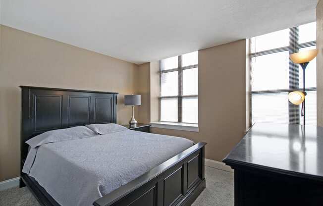 Spacious bedroom with natural light, walk-in closets, carpeting. Cozy one bedroom apartments in Saginaw.