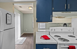 a kitchen with blue cabinets and a white stove and refrigerator