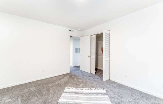 a living room with a carpet and a door to a closet