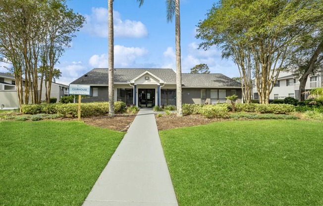 Leasing office exterior with walking path