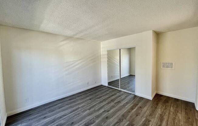 Bedroom with Hardwood Floors and Mirrored Wardrobe Closet