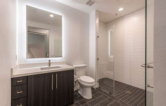 Elegant bathroom with walk-in shower in a Live and Work apartment at 1400 FIG Apartments in Los Angeles, California.