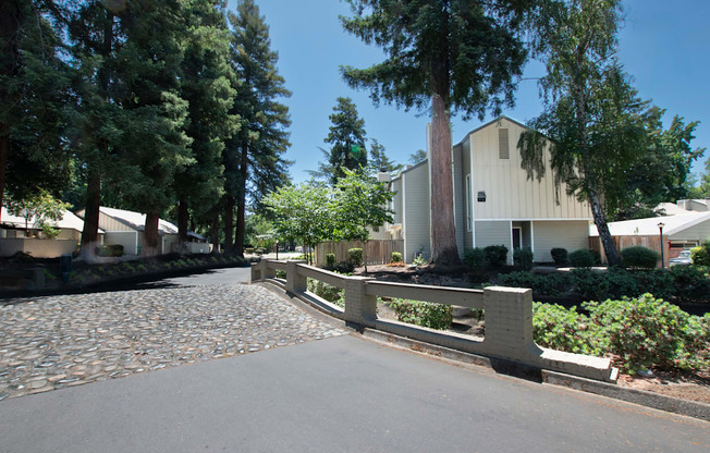 A cobblestone pathway leads to a white building surrounded by trees.