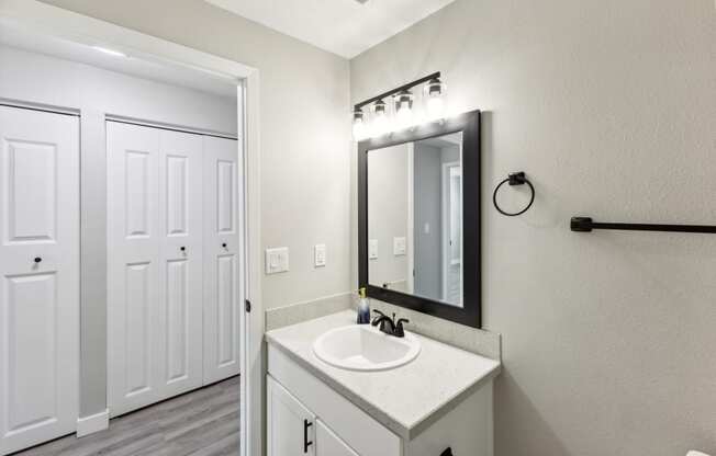 a bathroom with a sink and a mirror and a closet