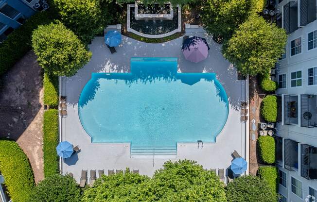 arial view of a swimming pool surrounded by trees and umbrellas