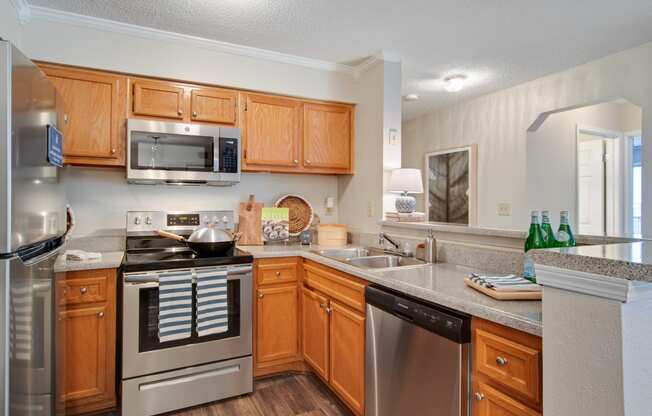 Full Kitchen with Granite Countertops and Stainless Steel Appliances at Luxury Apartments in Duluth GA