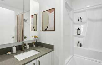 a bathroom with a sink and a shower and a mirror