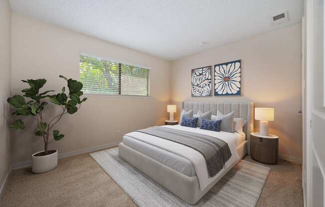 a bedroom with a white bed and a potted plant