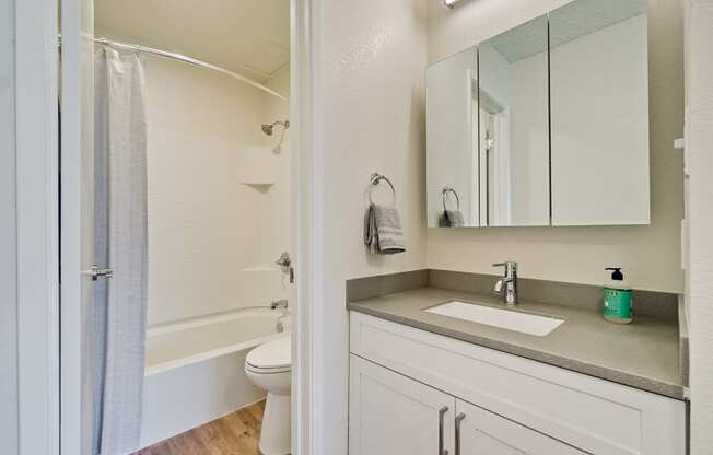 Fremont Apartments-Metro Fremont Apartments Bathroom With Large Three Panel Mirror And White Tile Tub And Wood-Style Flooring