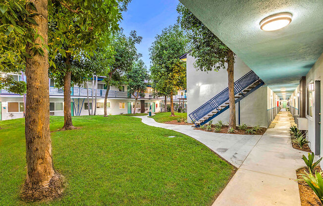 The Island Apartments courtyard grass lawn and pathway