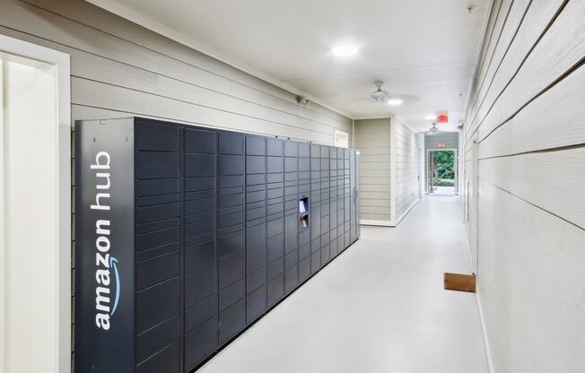 a lockers in a hallway of a building