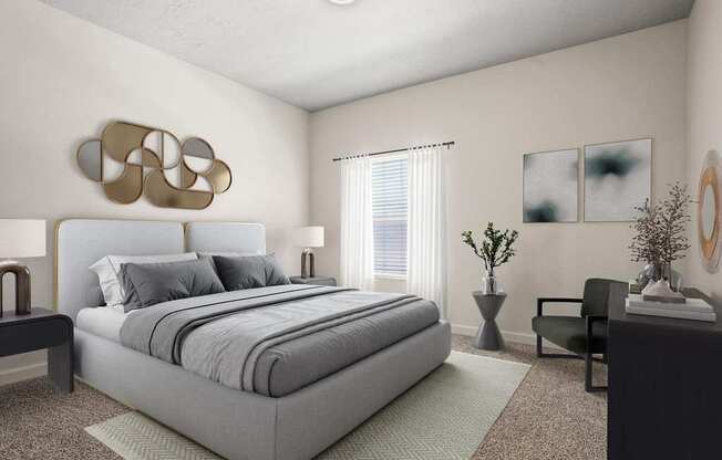 A modern bedroom with a large bed and a grey carpet.
