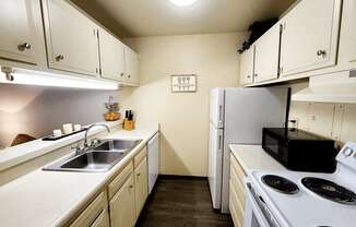 a kitchen with a stove sink and refrigerator