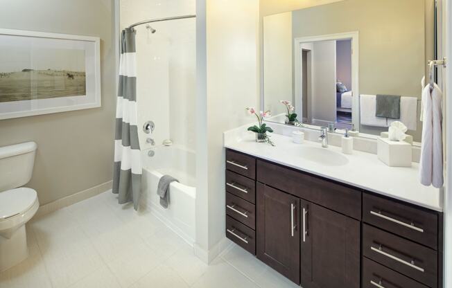 a bathroom with a sink and a shower and a toilet