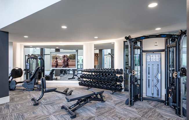 A gym with a variety of equipment including weights and cardio machines.