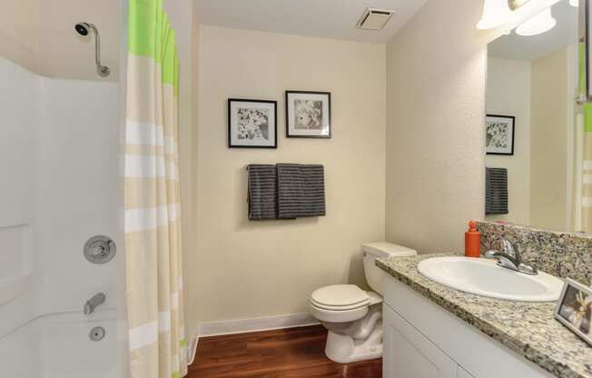 Model home bathroom with shower enclosure with shower curtain, granite countertops, and white cabinets. at Monte Bello Apartments, Sacramento